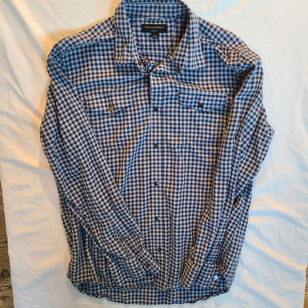 Banana Republic Slim Fit Shirt‎ Men's Large Blue Plaid LS Pearl Snap Men's Dress